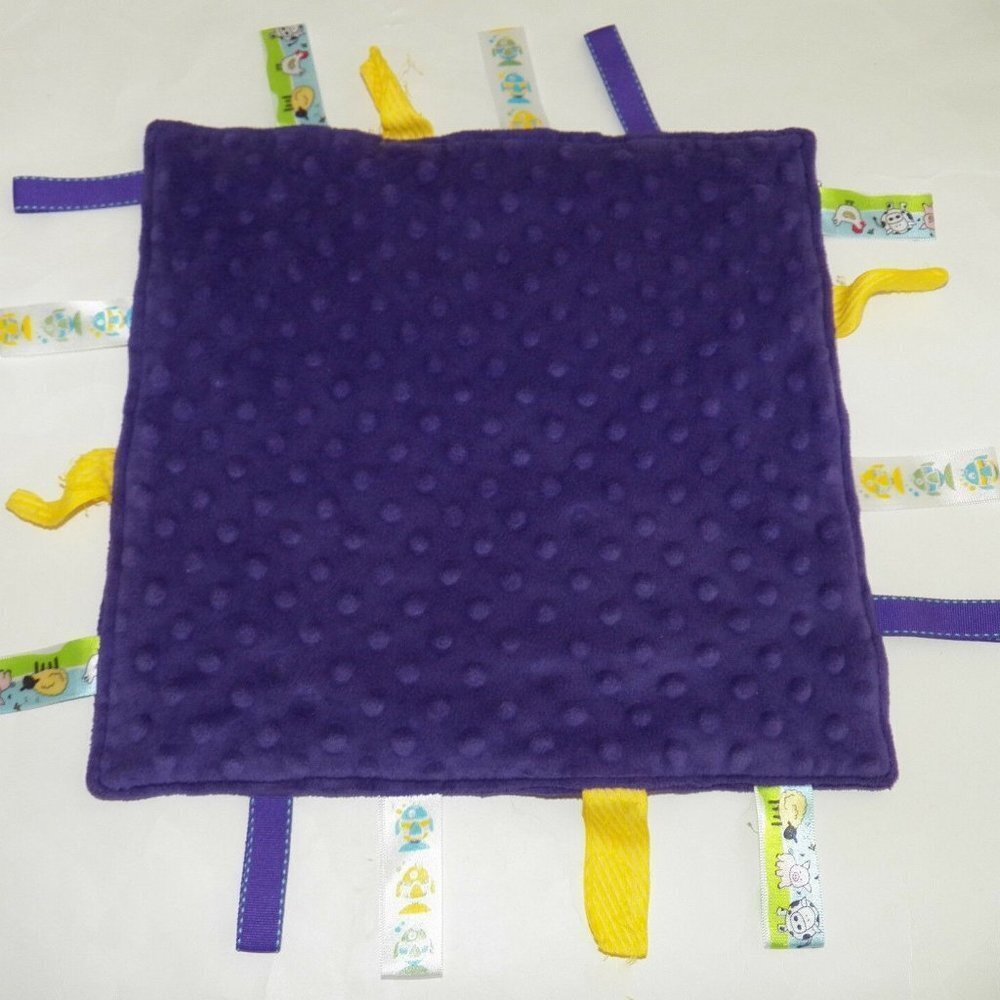 Dark Purple Baby Security Blanket Lovey Fish Farm Animals Yellow Tags 12" x 12" - Picture 5 of 5